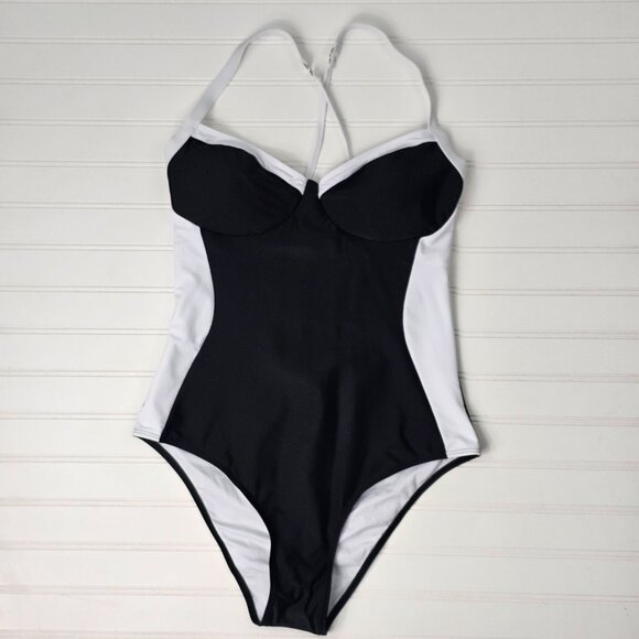 Women's Black & White Push Up Lace Up Back One Piece Swimsuit Size L NWOT - Picture 2 of 11